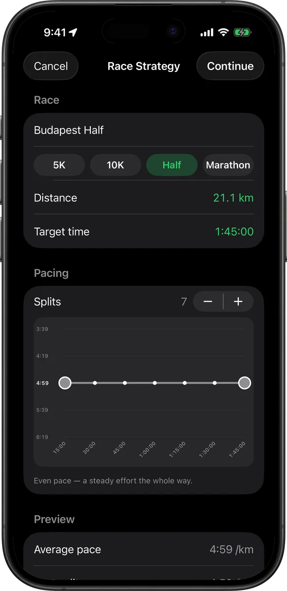 Vanoor's race pacing planner: the same half marathon at a flat 4:59 per km — an even split