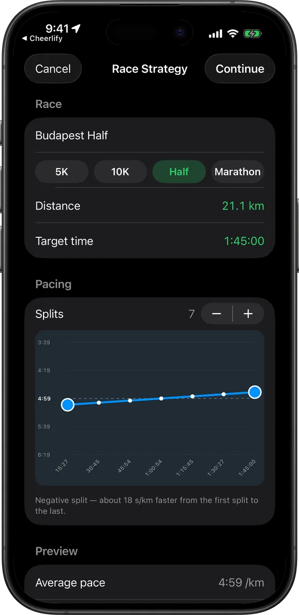 Vanoor's race pacing planner on iPhone: a half marathon with a 1:45 goal, the pace curve rising from 5:08 to 4:50 per km — a negative split