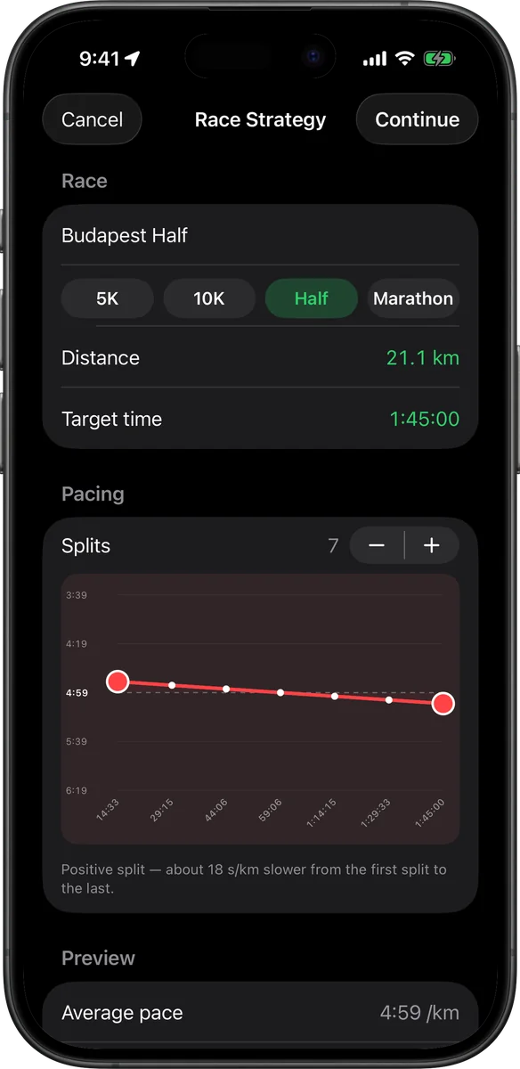 Vanoor's race pacing planner: the same half marathon starting at 4:50 and fading to 5:08 per km — a positive split