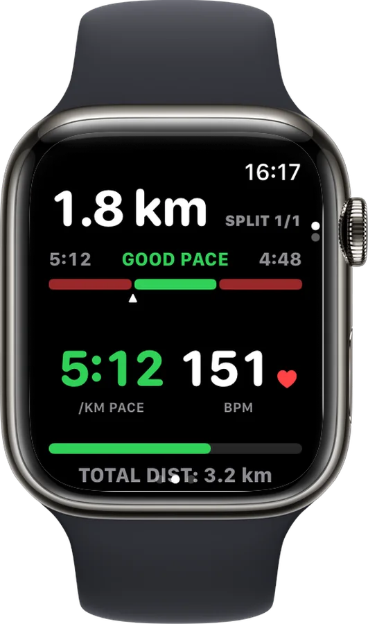 Apple Watch showing a Vanoor split in progress: distance left in the split, the target pace band and the live pace in green