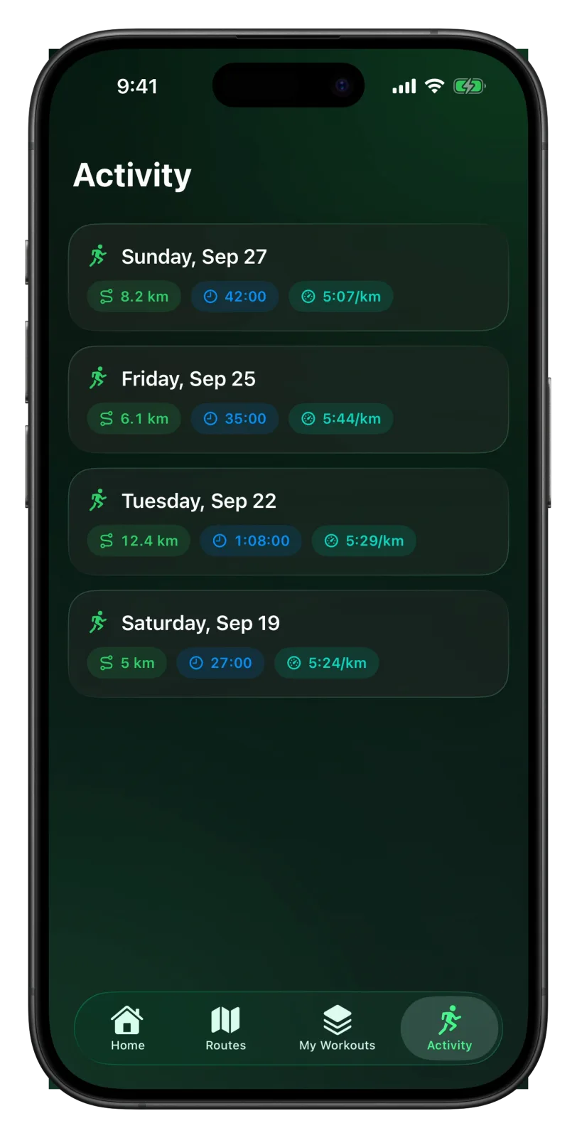 Vanoor Activity tab on iPhone listing four runs: Sunday Sep 27 8.2 km 42:00 5:07 per km, Friday Sep 25, Tuesday Sep 22 and Saturday Sep 19