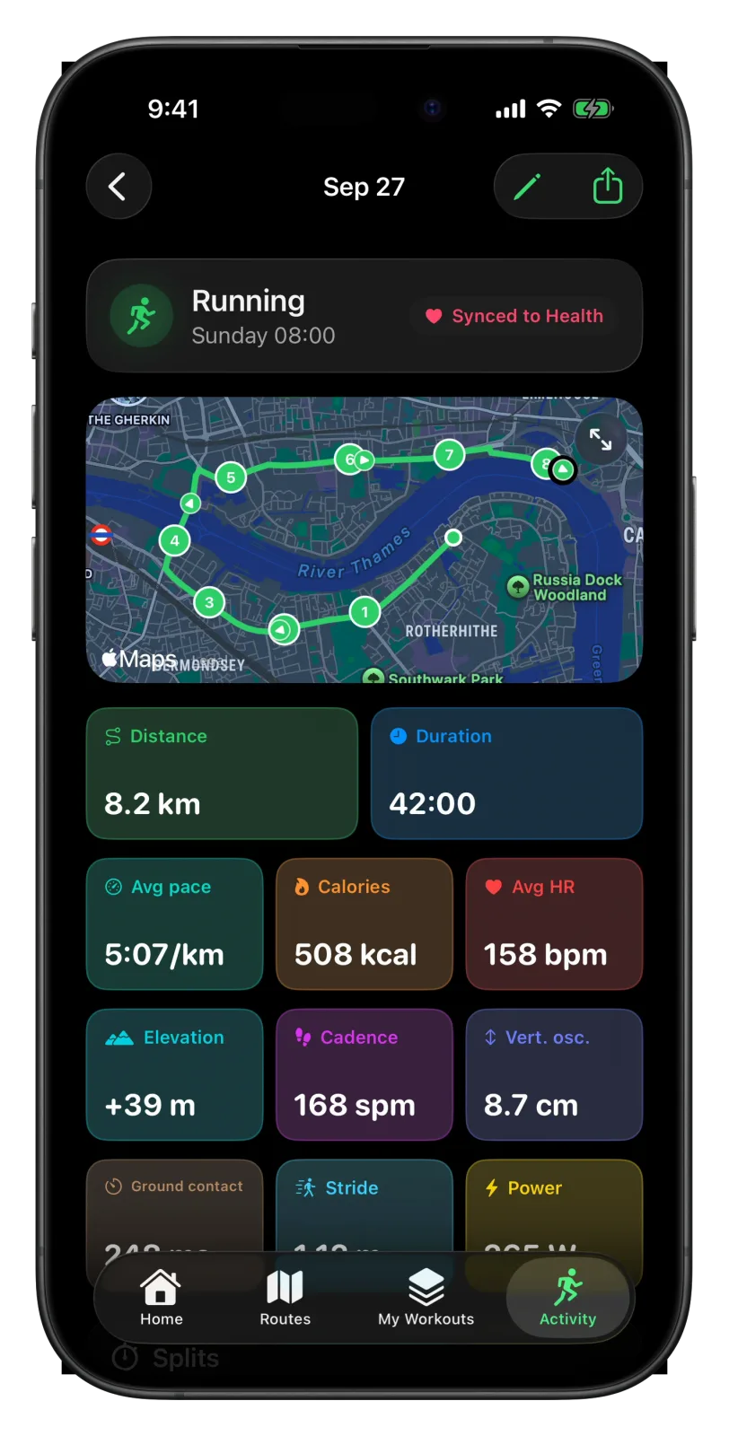 A run in Vanoor on iPhone: Running, Sunday 08:00, Synced to Health, a map along the River Thames with numbered kilometre markers, and tiles for 8.2 km, 42:00, 5:07 per km, 508 kcal, 158 bpm, +39 m and 168 spm