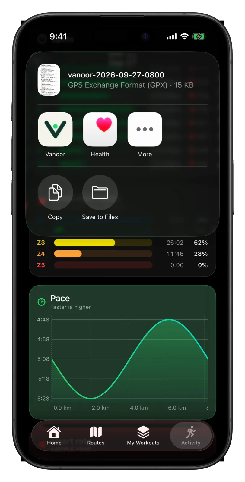A run in Vanoor on iPhone with the share menu open at the top right, offering Share GPX and Share FIT