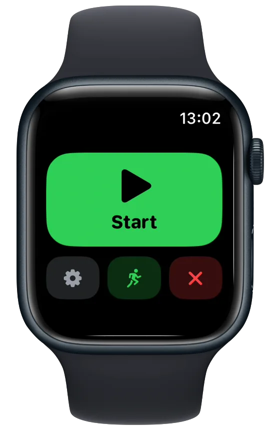 Vanoor on Apple Watch before a run: a big green Start button, with a gear, a running figure and a red X below it