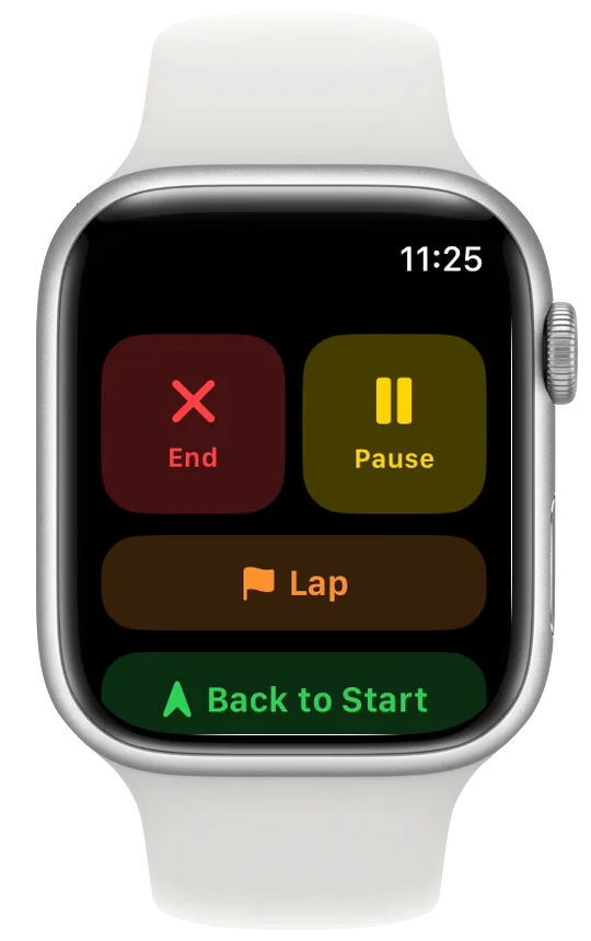 Vanoor Controls page on Apple Watch during a run with End, Pause, an orange Lap button and a green Back to Start button