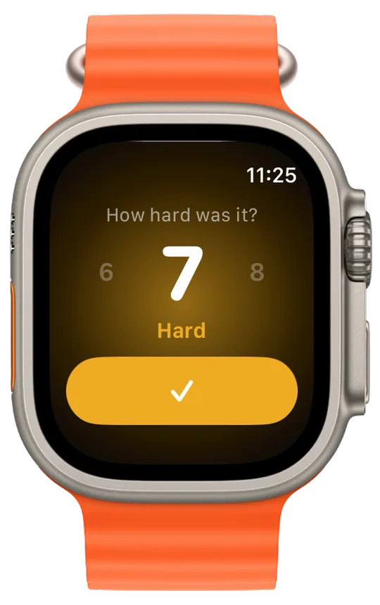 Vanoor effort screen on Apple Watch asking How hard was it? with 7 selected, labelled Hard, and a yellow tick button