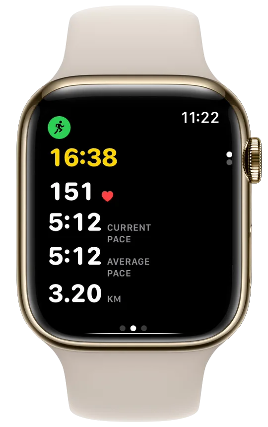 Vanoor Classic page on Apple Watch showing elapsed time 16:38, heart rate 151, current pace 5:12, average pace 5:12 and 3.20 km