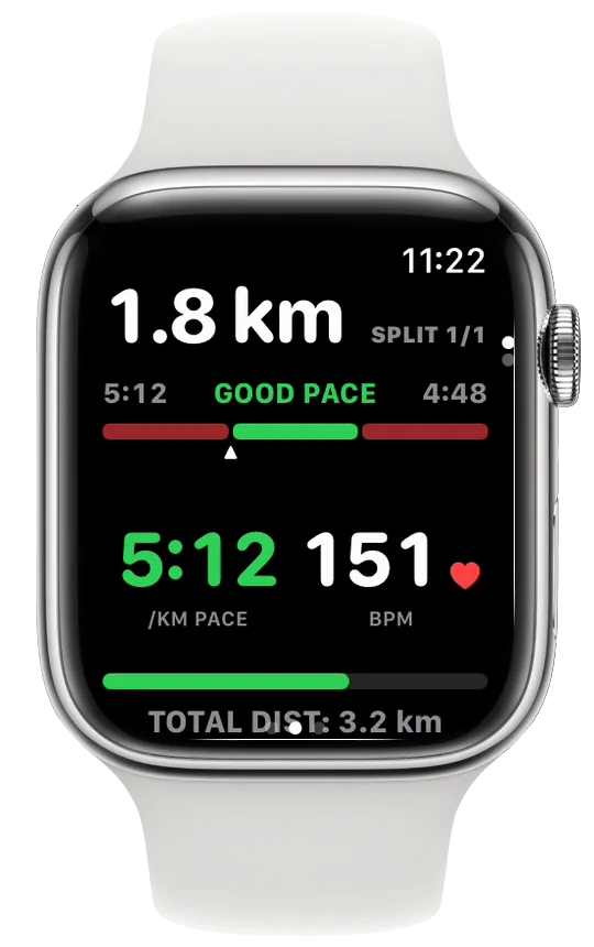 Vanoor Split Target page on Apple Watch: 1.8 km, SPLIT 1/1, a pace band from 5:12 to 4:48 reading GOOD PACE, pace 5:12 per km and 151 bpm