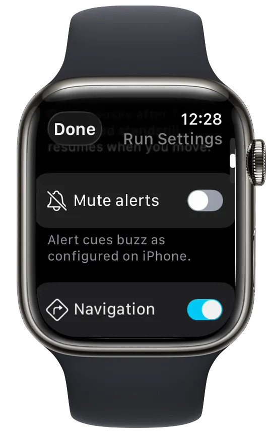 Vanoor Run Settings on Apple Watch with Mute alerts off, the note Alert cues buzz as configured on iPhone, and the cyan Navigation switch on