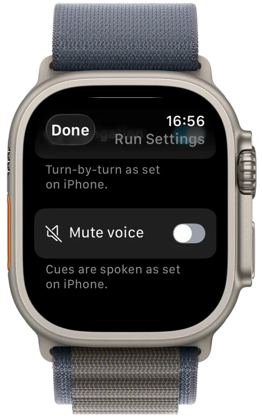 Vanoor Run Settings on Apple Watch with the Mute voice switch off and the note Cues are spoken as set on iPhone