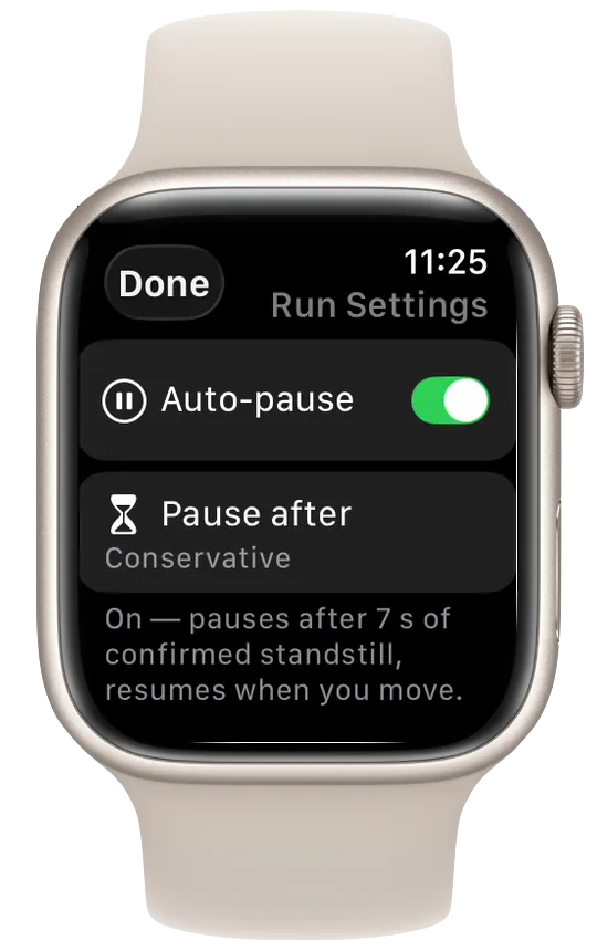Vanoor Run Settings on Apple Watch with the Auto-pause switch on and Pause after set to Conservative