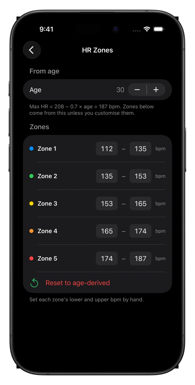 Vanoor HR Zones page on iPhone after Customise zones, with editable lower and upper bpm boxes for each of the five zones and a red Reset to age-derived button