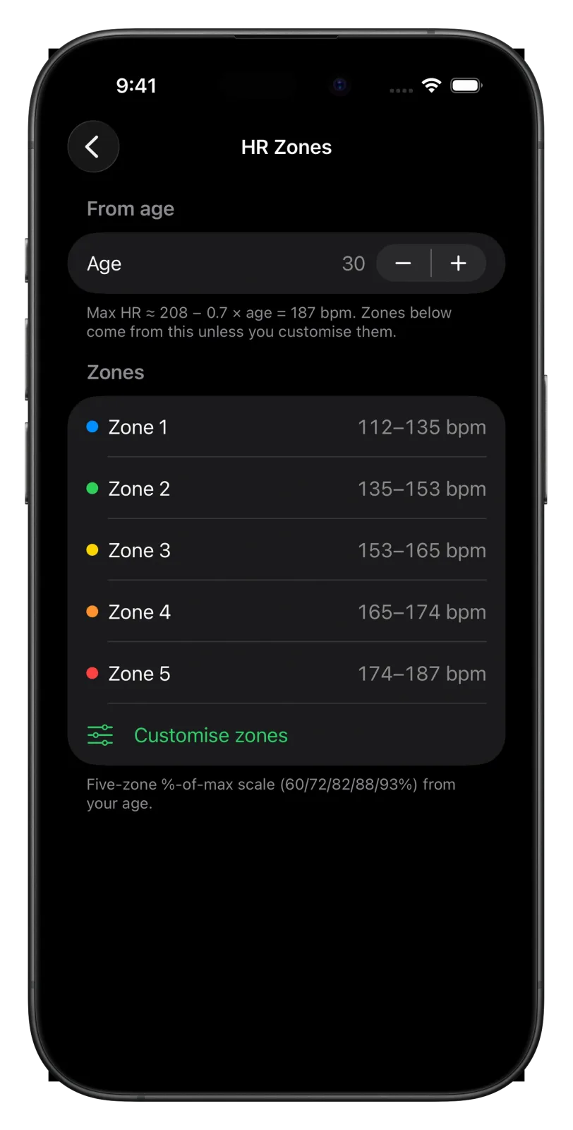 Vanoor HR Zones page on iPhone with Age 30 and a stepper, max 187 bpm, and five zones: Zone 1 112 to 135, Zone 2 135 to 153, Zone 3 153 to 165, Zone 4 165 to 174, Zone 5 174 to 187 bpm
