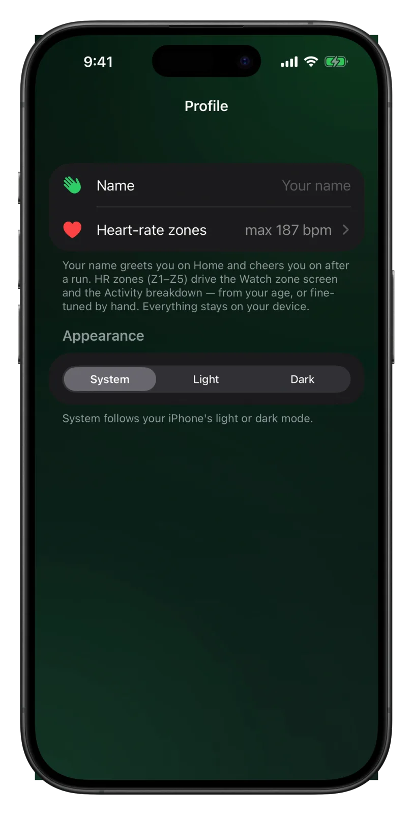 Vanoor Profile page on iPhone with a Name field and a Heart-rate zones row reading max 187 bpm, above the Appearance choice of System, Light or Dark