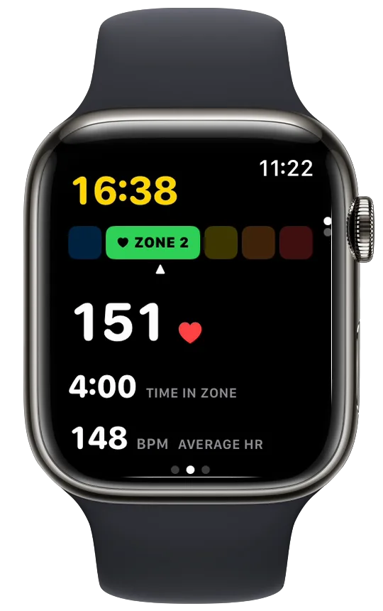 Vanoor Heart Rate page on Apple Watch: 16:38 elapsed, five zone blocks with ZONE 2 lit in green, 151 bpm, 4:00 time in zone and 148 bpm average