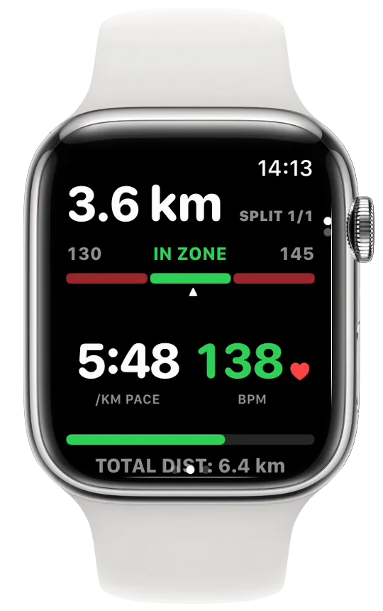 Vanoor Split Target page on Apple Watch with a heart-rate band from 130 to 145 reading IN ZONE, pace 5:48 per km and 138 bpm in green