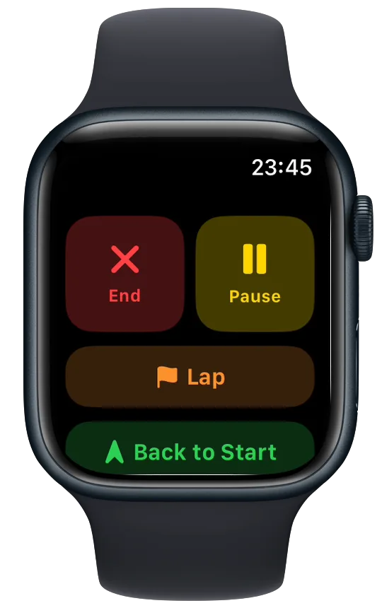 Vanoor Controls page on Apple Watch during a run with End, Pause, Lap and Back to Start buttons