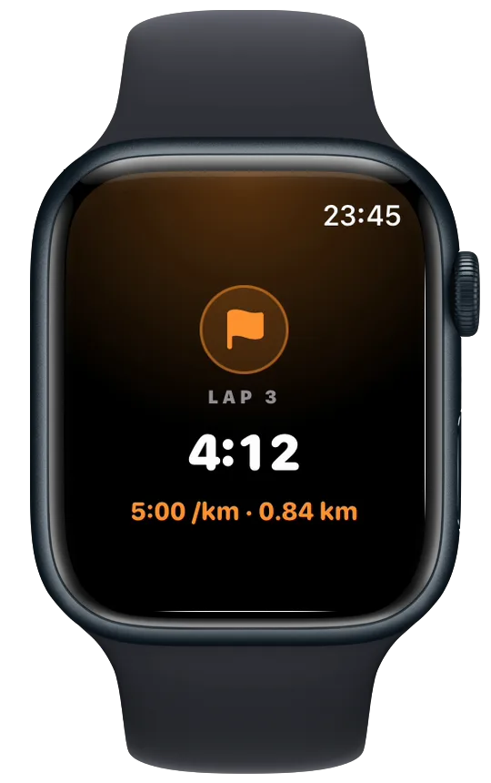 Vanoor lap card on Apple Watch: lap 3, 4:12, 5:00 per km over 0.84 km