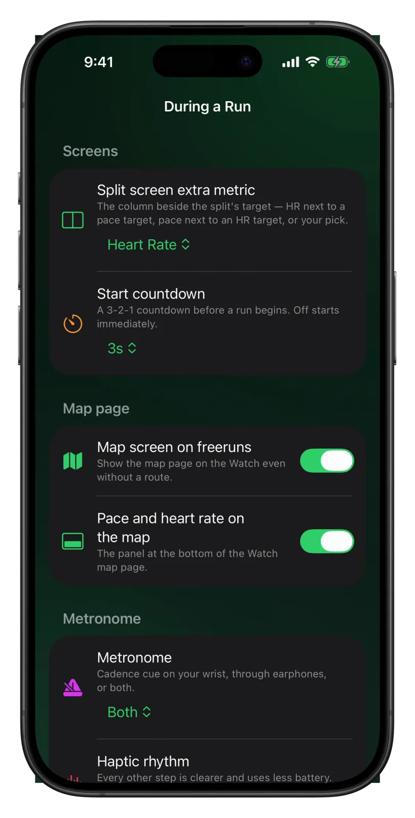 Vanoor During a Run page on iPhone with the Metronome menu open, showing Sound ticked, Haptic and Both
