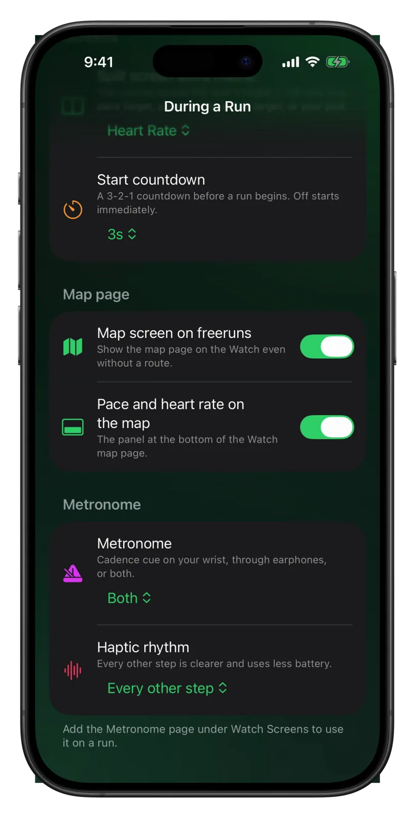 Vanoor During a Run page on iPhone with Metronome set to Both and a Haptic rhythm row set to Every other step