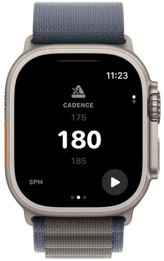 Vanoor Metronome page on Apple Watch reading CADENCE 180 with 175 above and 185 below, SPM at the bottom left and a play button at the bottom right