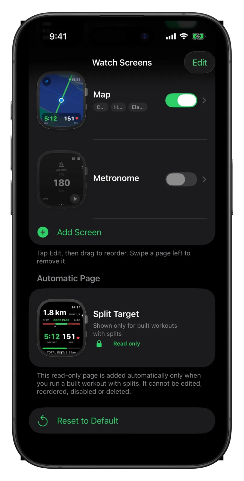 Vanoor Watch Screens page on iPhone scrolled down: Heart Rate, Metrics and Map switched on, Metronome switched off with a preview showing 180 spm, and Add Screen below