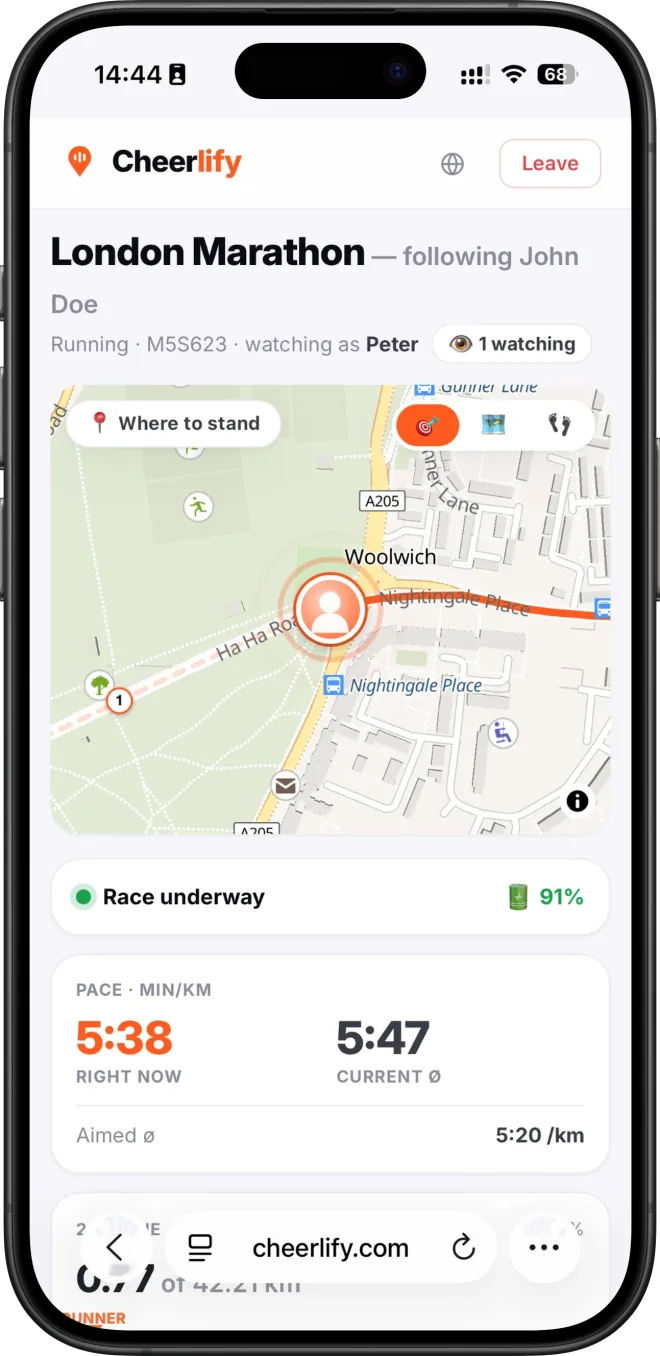 The Cheerlify follow page in a phone browser: a marathon runner's live position on the course map, a Where to stand button, and the pace right now and on average