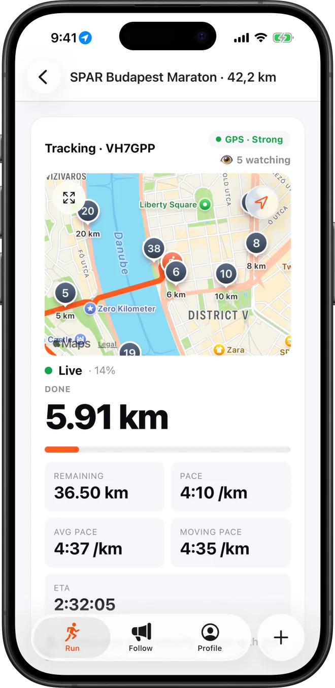 The Cheerlify runner app during a marathon: tracking is live, 5 people watching, the course map of Budapest, 5.91 km done with remaining distance, pace, average pace and estimated finish