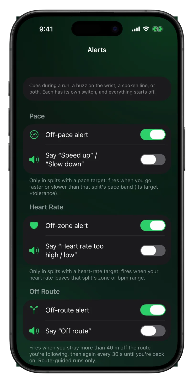 Vanoor Alerts page on iPhone with Off-pace alert, Off-zone alert, Off-route alert and Turn alerts switched on, and the Say switches below them off