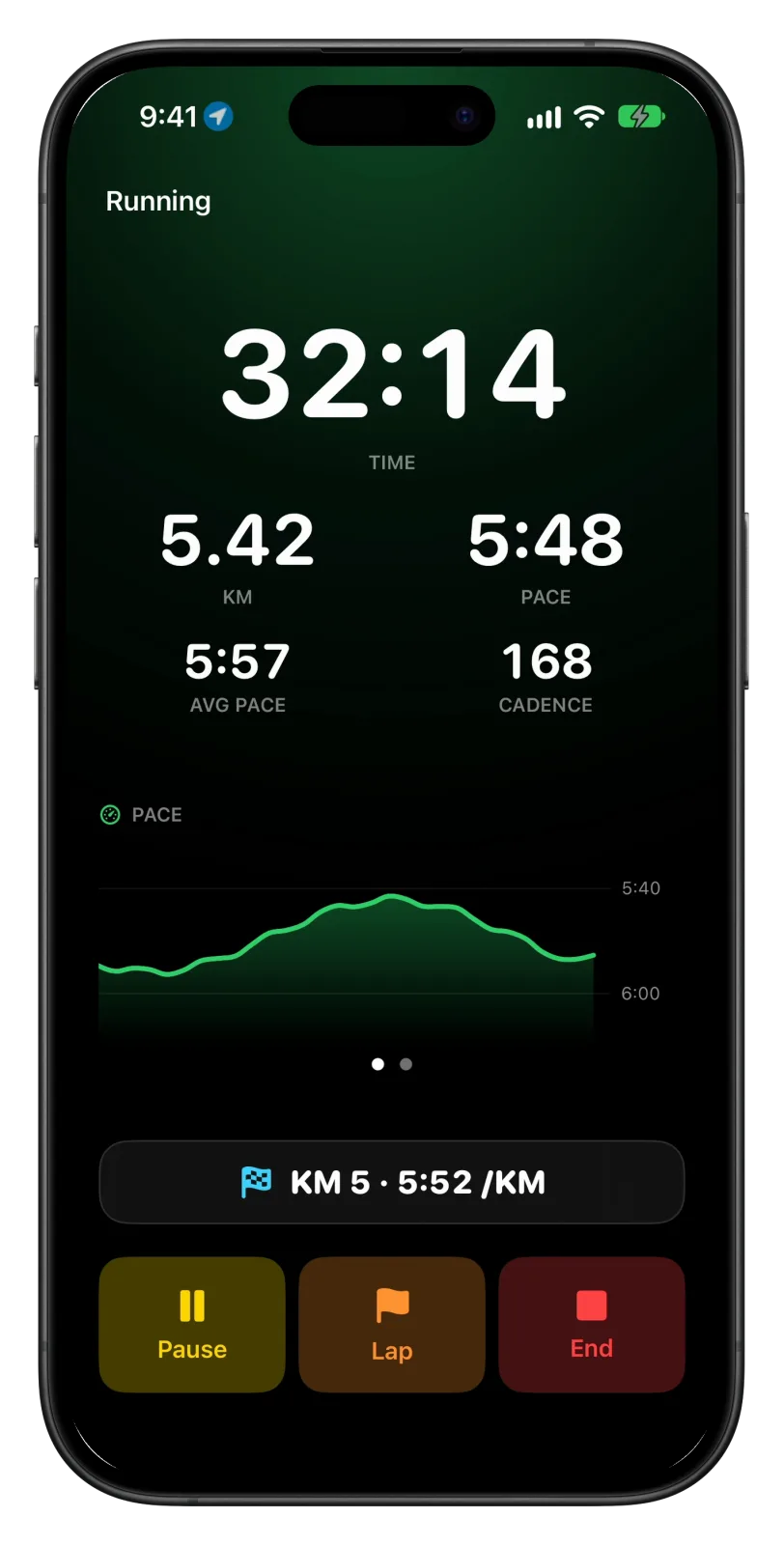 A Vanoor run on iPhone: 32:14 elapsed, 5.42 km, current pace 5:48, average pace 5:57, cadence 168, a live pace chart and the Pause, Lap and End buttons