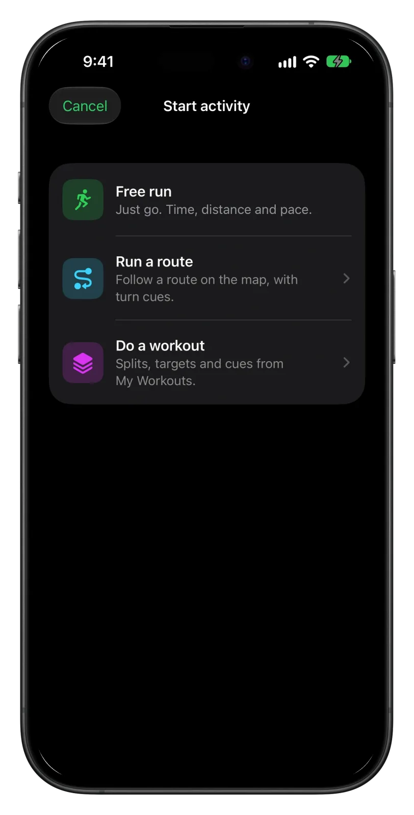 Vanoor's Start activity screen on iPhone with three choices: Free run, Run a route and Do a workout