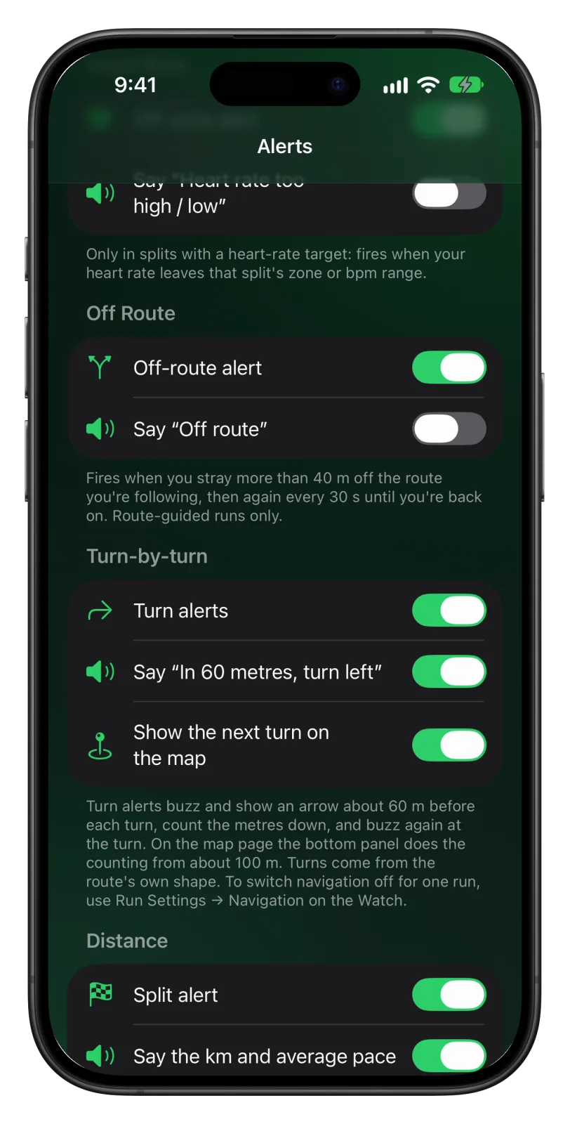 Vanoor Alerts page on iPhone with the Turn-by-turn section: Turn alerts, Say In 60 metres, turn left and Show the next turn on the map all switched on