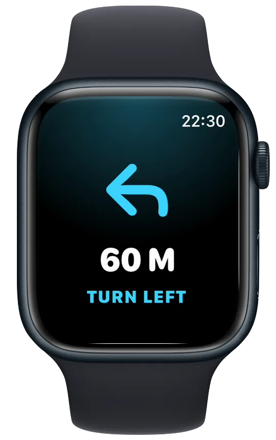 Vanoor turn card on Apple Watch with a cyan left arrow, 60 M and TURN LEFT