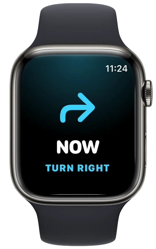 Vanoor turn card on Apple Watch with a cyan right arrow, NOW and TURN RIGHT