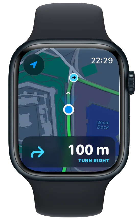 Vanoor map page on Apple Watch near the Tower of London, the green route line ahead and a bottom panel with a right arrow, 100 m and TURN RIGHT