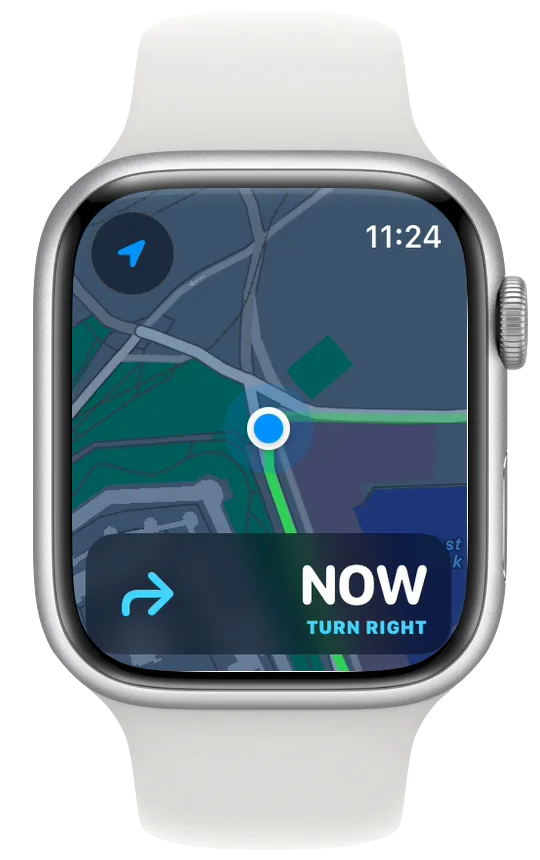 Vanoor map page on Apple Watch at a junction, the route turning right, and the bottom panel reading NOW and TURN RIGHT