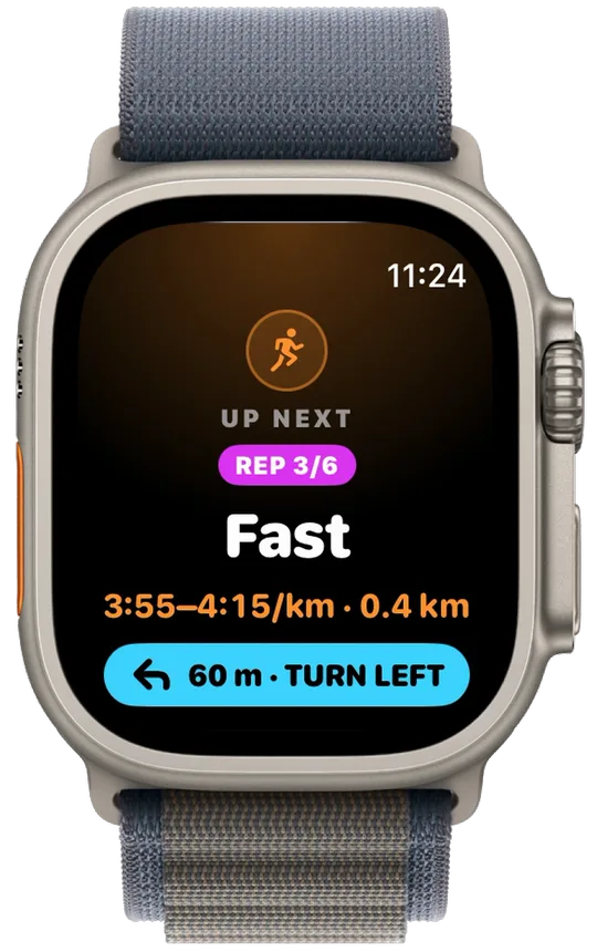 Vanoor UP NEXT card on Apple Watch for REP 3/6, Fast, 3:55 to 4:15 per km over 0.4 km, with a cyan line at the bottom reading 60 m, TURN LEFT