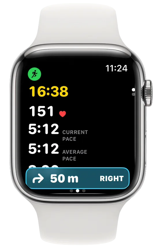 Vanoor Classic page on Apple Watch with a cyan strip at the bottom showing a right arrow, 50 m and RIGHT