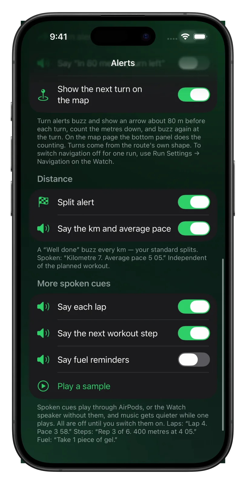 Vanoor Alerts page on iPhone scrolled down: Split alert and Say the km and average pace on, then More spoken cues with Say each lap and Say the next workout step on, Say fuel reminders off, and Play a sample