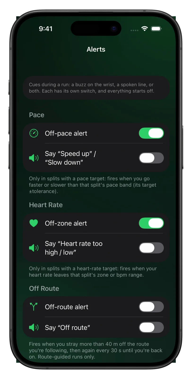 Vanoor Alerts page on iPhone: Off-pace alert and Off-zone alert switched on, with Say Speed up / Slow down and Say Heart rate too high / low off below them
