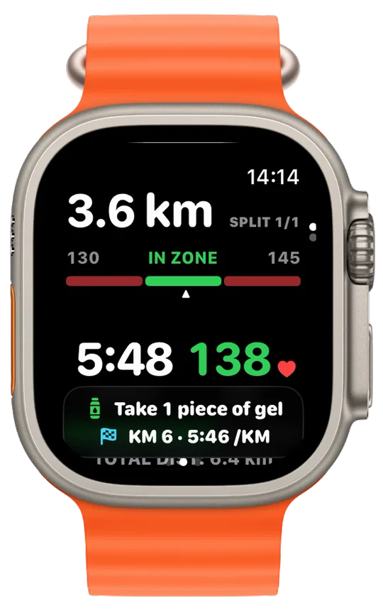 Vanoor Split Target page on Apple Watch, IN ZONE between 130 and 145, with a two-line banner reading Take 1 piece of gel and KM 6, 5:46 per km