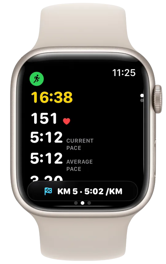Vanoor Classic page on Apple Watch with a banner at the bottom reading KM 5, 5:02 per km