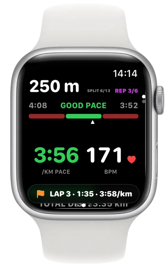 Vanoor Split Target page on Apple Watch during REP 3/6 with a banner at the bottom reading LAP 3, 1:35, 3:58 per km