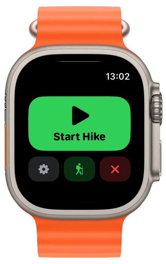 Vanoor on Apple Watch before a hike: a big green Start Hike button with a gear, a hiker with a stick and a red X below