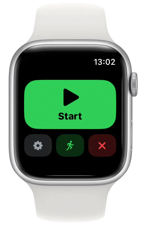 Vanoor on Apple Watch before a run: a big green Start button with a gear, a running figure and a red X below