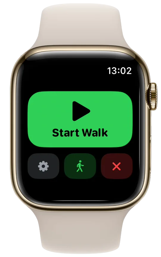 Vanoor on Apple Watch before a walk: a big green Start Walk button with a gear, a walking figure and a red X below