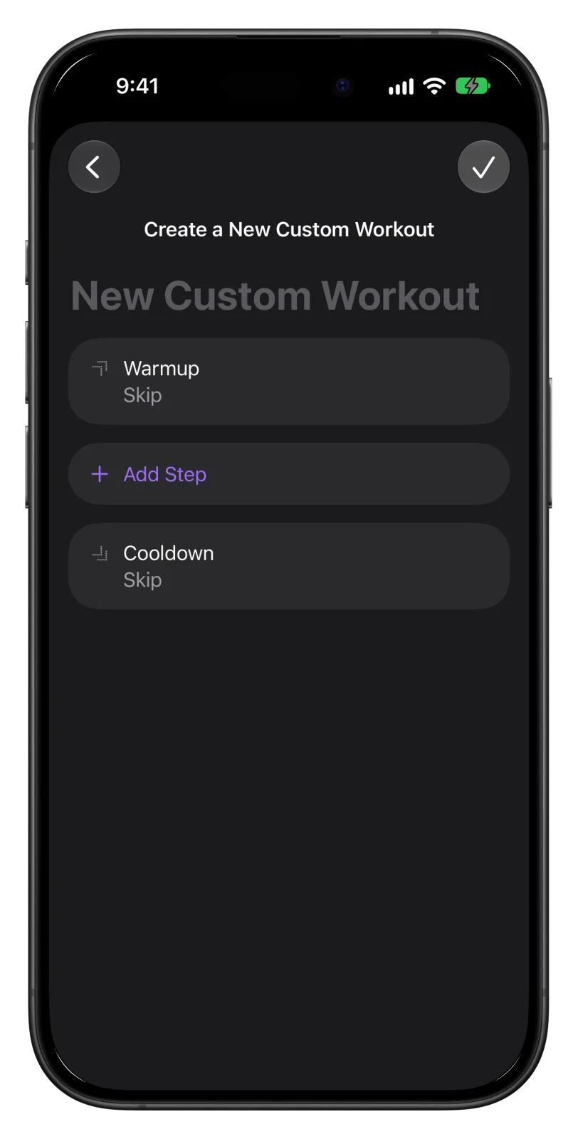 Apple Fitness on iPhone: Create a New Custom Workout screen with Warmup, Add Step and Cooldown