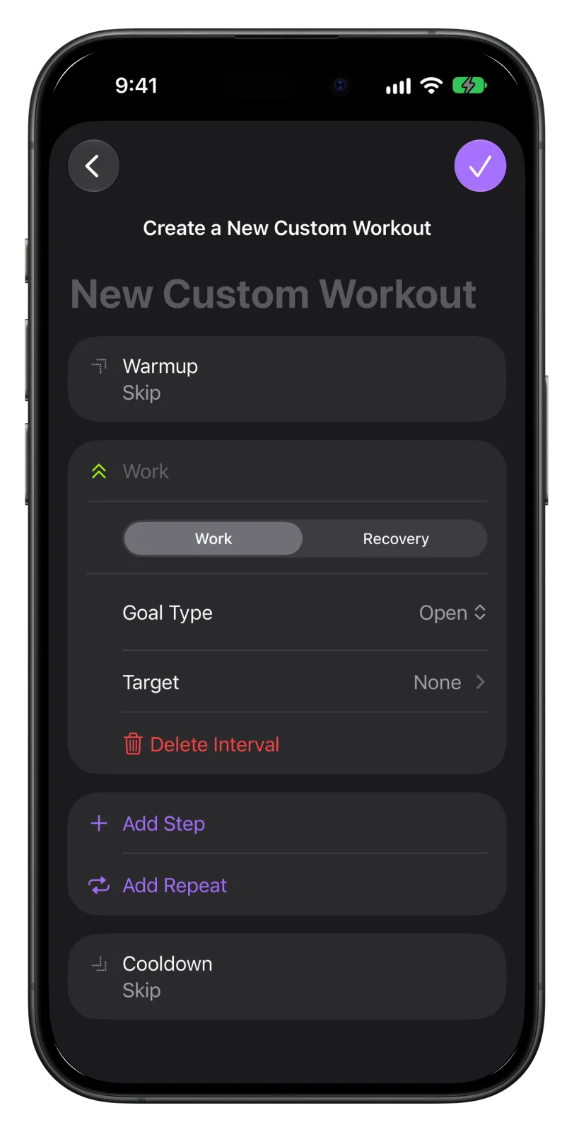 Apple Fitness custom workout step: Work or Recovery, Goal Type, Target, Add Step and Add Repeat