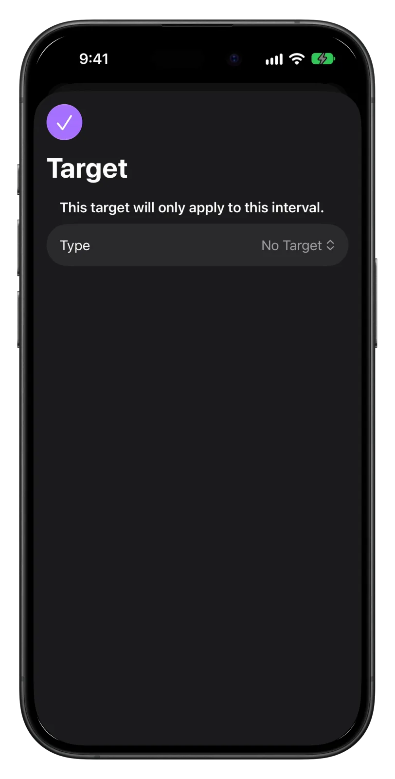 Apple Fitness target screen: the target applies only to this interval