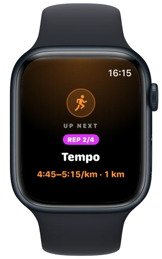 Apple Watch showing a Vanoor work interval card: the target pace band and the distance